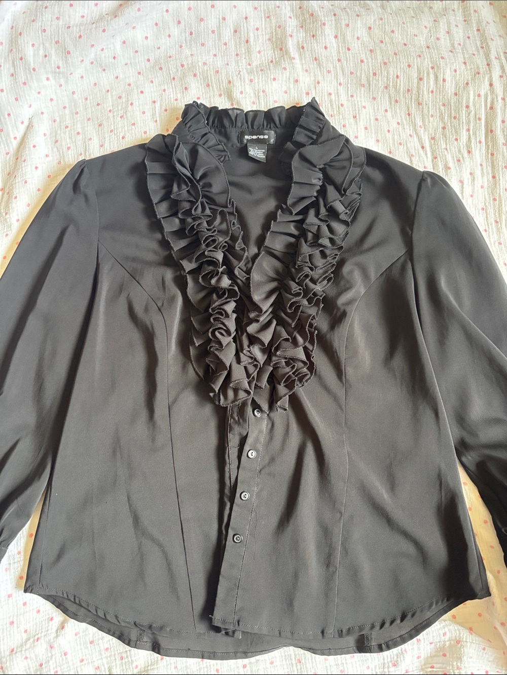Spense Black Ruffle Front Button Blouse